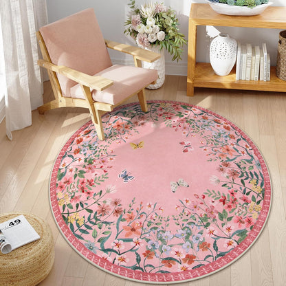 5ft Round Washable Area Rug, Pink Floral Nursery Rug, Low Pile Soft Circle Rug for Kids Playroom, Boho Flower Accent Carpet, Girls Room Vanity Decor (5ft Round Pink)