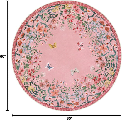 5ft Round Washable Area Rug, Pink Floral Nursery Rug, Low Pile Soft Circle Rug for Kids Playroom, Boho Flower Accent Carpet, Girls Room Vanity Decor (5ft Round Pink)