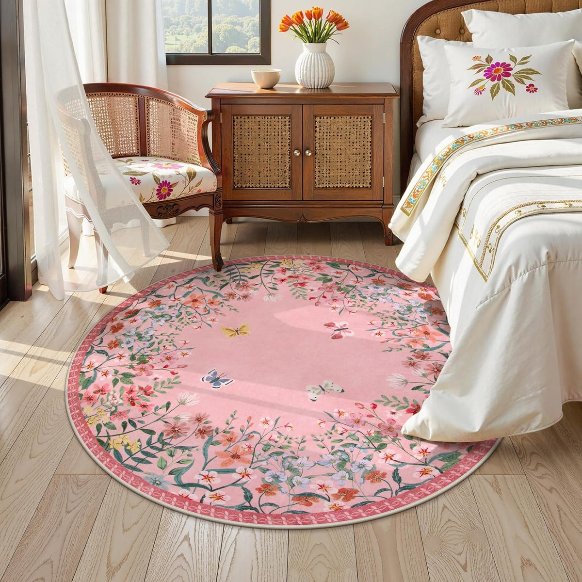 5ft Round Washable Area Rug, Pink Floral Nursery Rug, Low Pile Soft Circle Rug for Kids Playroom, Boho Flower Accent Carpet, Girls Room Vanity Decor (5ft Round Pink)