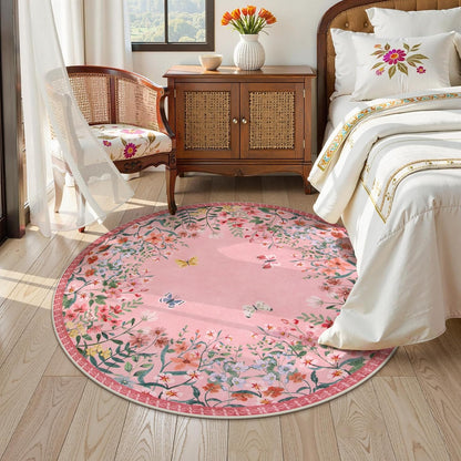 5ft Round Washable Area Rug, Pink Floral Nursery Rug, Low Pile Soft Circle Rug for Kids Playroom, Boho Flower Accent Carpet, Girls Room Vanity Decor (5ft Round Pink)