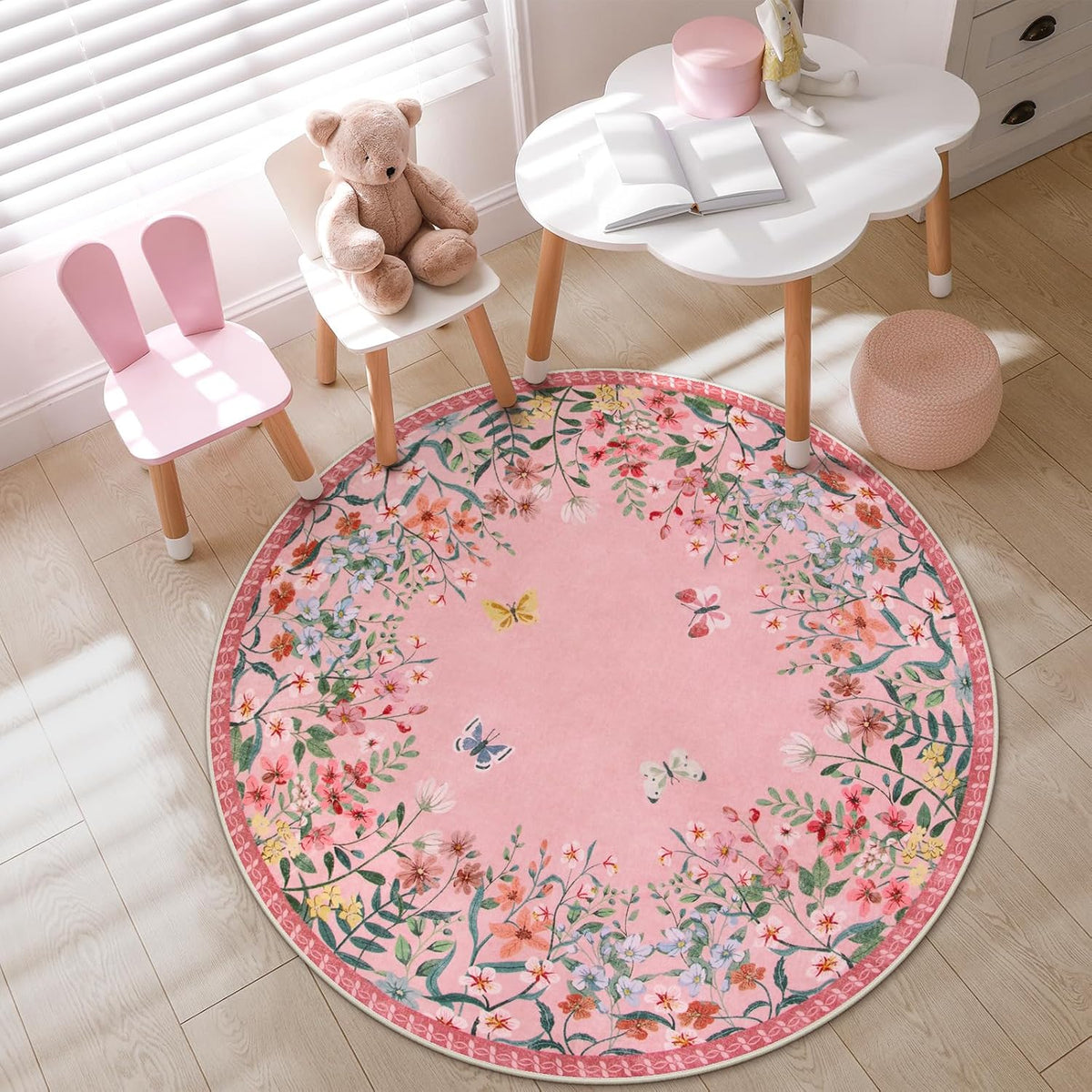 5ft Round Washable Area Rug, Pink Floral Nursery Rug, Low Pile Soft Circle Rug for Kids Playroom, Boho Flower Accent Carpet, Girls Room Vanity Decor (5ft Round Pink)