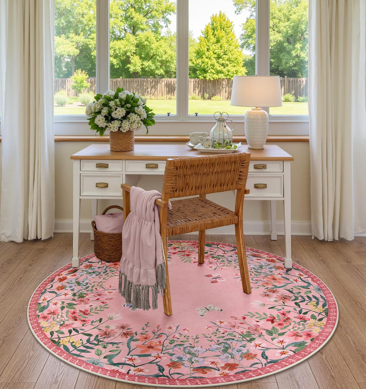 5ft Round Washable Area Rug, Pink Floral Nursery Rug, Low Pile Soft Circle Rug for Kids Playroom, Boho Flower Accent Carpet, Girls Room Vanity Decor (5ft Round Pink)