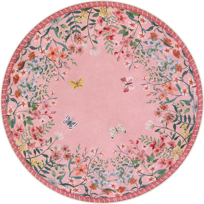5ft Round Washable Area Rug, Pink Floral Nursery Rug, Low Pile Soft Circle Rug for Kids Playroom, Boho Flower Accent Carpet, Girls Room Vanity Decor (5ft Round Pink)