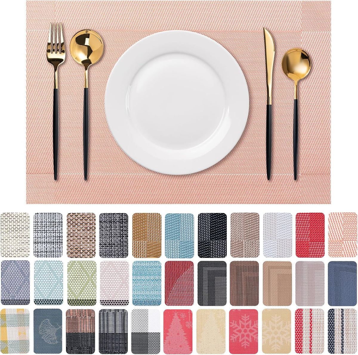Placemats Set of 6 Washable Indoor(B-Four-Corner-peachpink)