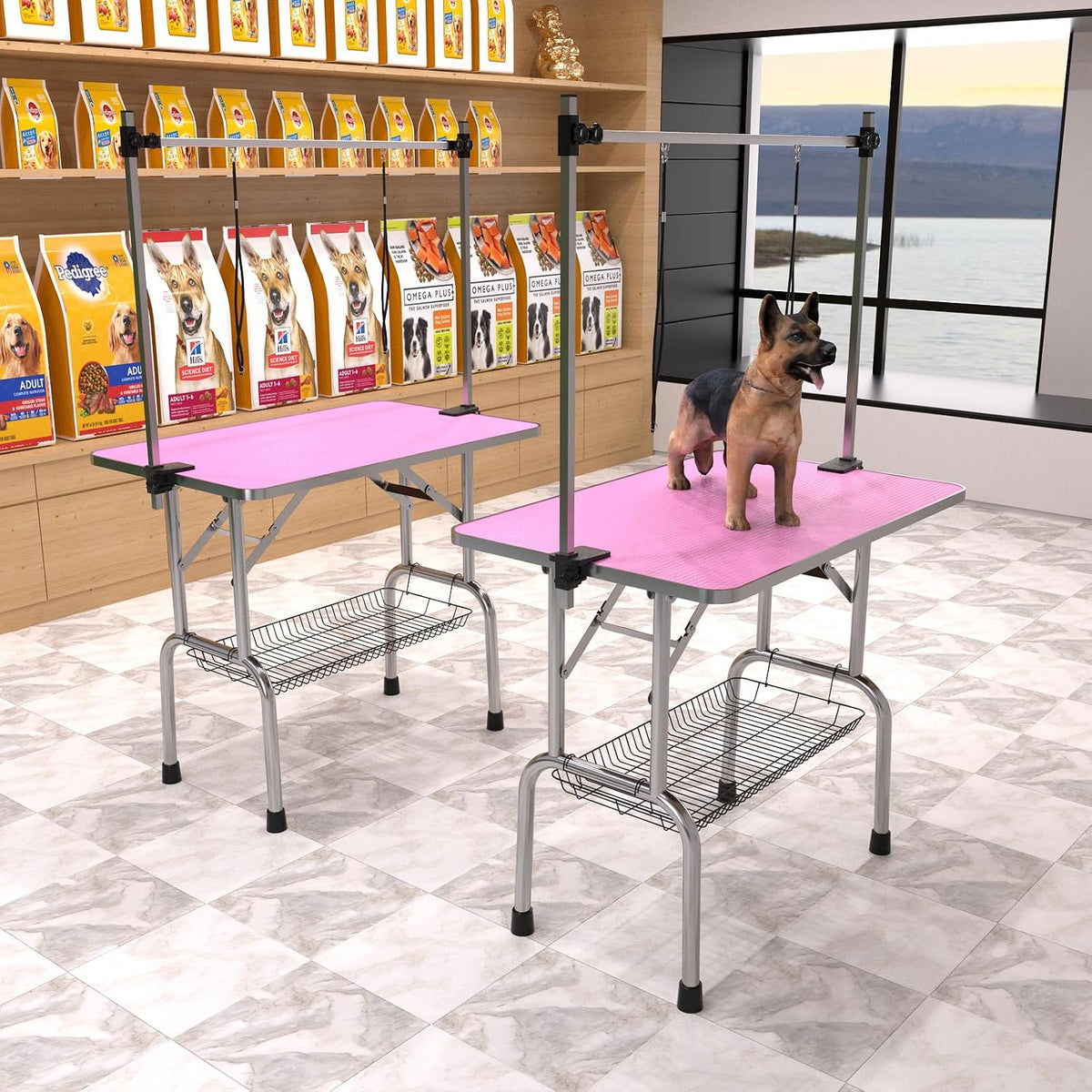 36" Dog Grooming Table Foldable Pet Grooming Tables with Adjustable Arm Noose Storage Mesh Tray Maximum Capacity Up to 330lbs Pink