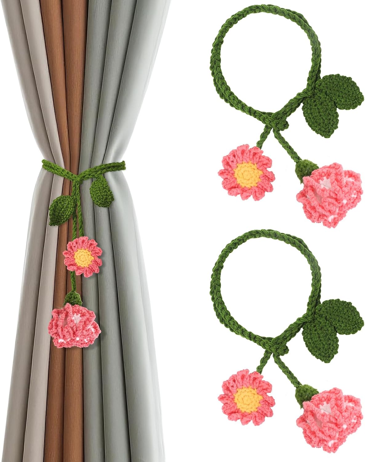 2 Pack Boho Handmade Flower Curtain Tiebacks & Holdbacks, Carnations