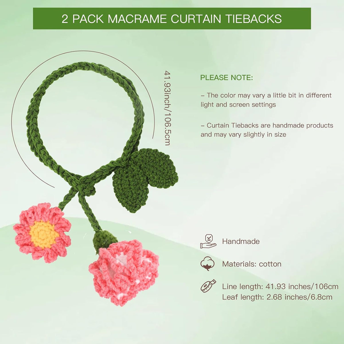 2 Pack Boho Handmade Flower Curtain Tiebacks & Holdbacks, Carnations