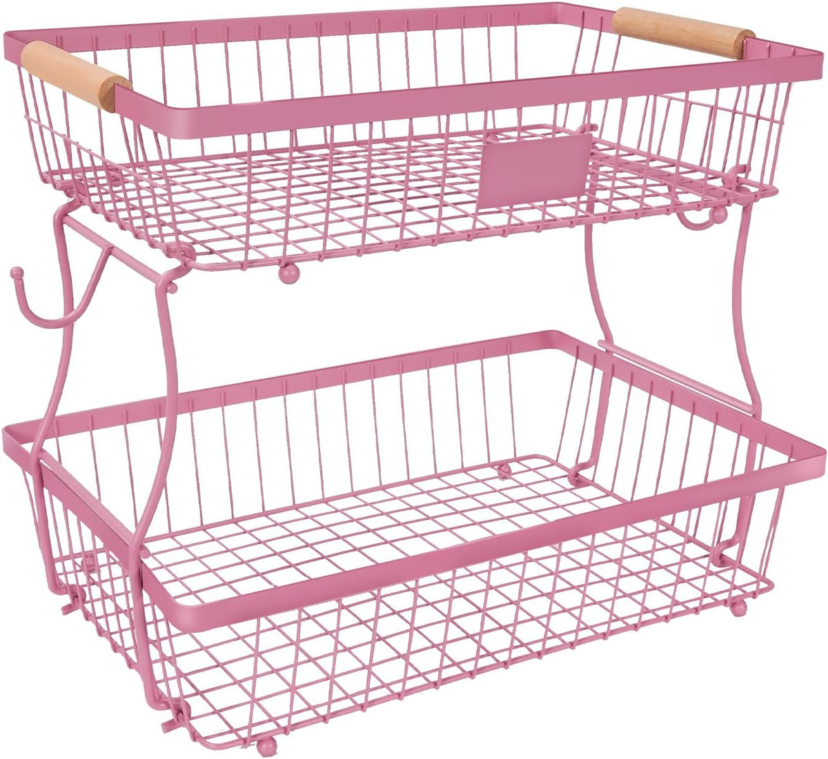 Fruit Basket Bowl 2 Tier Detachable with 2 Banana Hangers, Fruit Stand Holder for Kitchen Countertop, Metal Wire Vegetable Storage Organizer, for Bread Snack Veggies Produce, pink