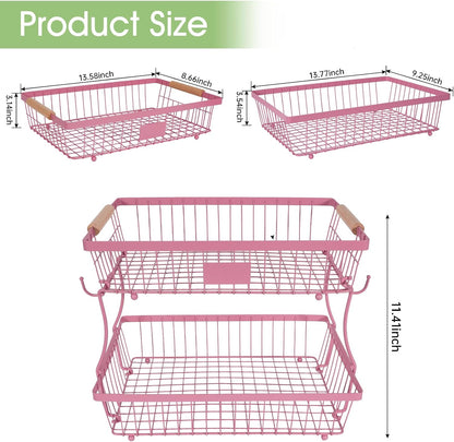 Fruit Basket Bowl 2 Tier Detachable with 2 Banana Hangers, Fruit Stand Holder for Kitchen Countertop, Metal Wire Vegetable Storage Organizer, for Bread Snack Veggies Produce, pink