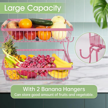 Fruit Basket Bowl 2 Tier Detachable with 2 Banana Hangers, Fruit Stand Holder for Kitchen Countertop, Metal Wire Vegetable Storage Organizer, for Bread Snack Veggies Produce, pink