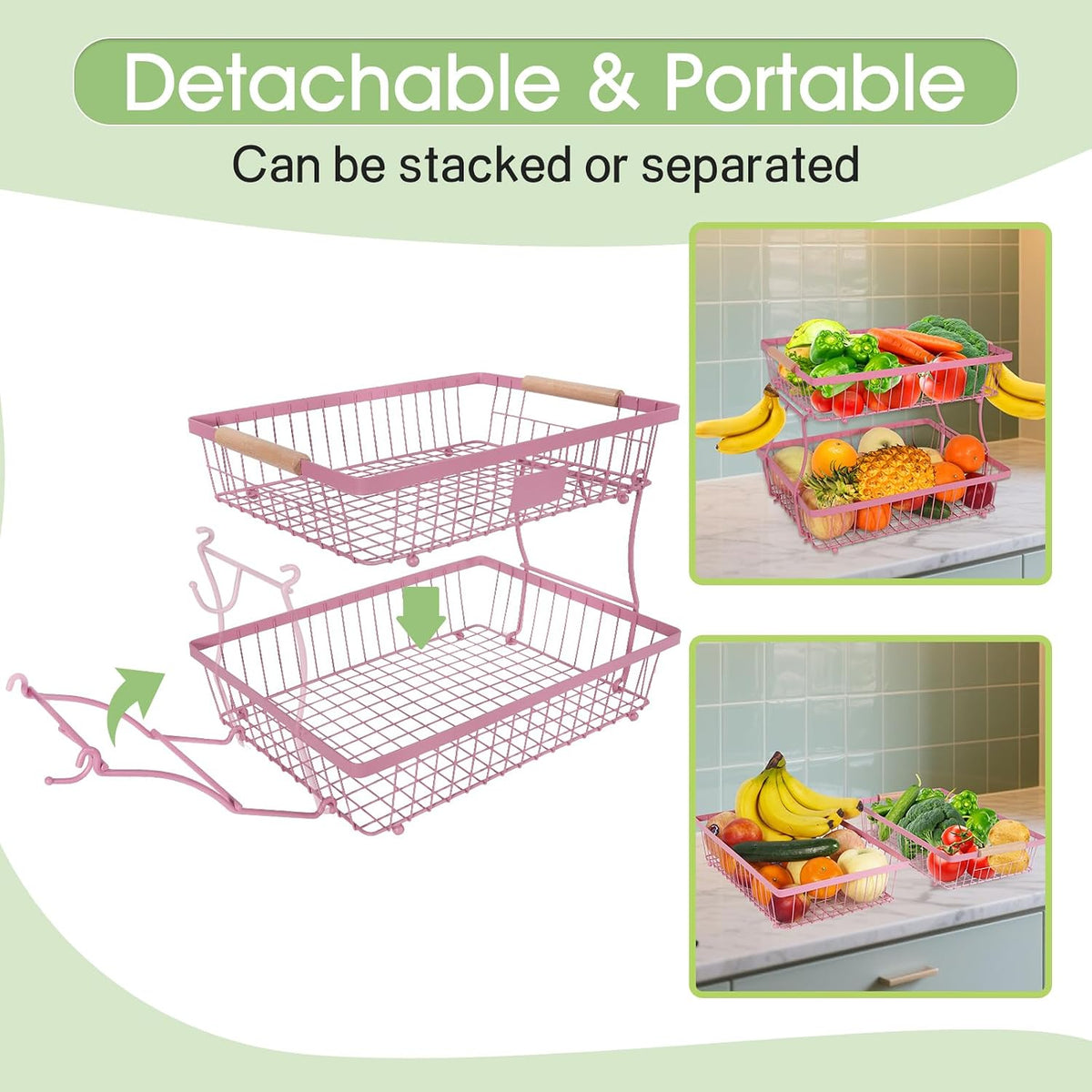 Fruit Basket Bowl 2 Tier Detachable with 2 Banana Hangers, Fruit Stand Holder for Kitchen Countertop, Metal Wire Vegetable Storage Organizer, for Bread Snack Veggies Produce, pink