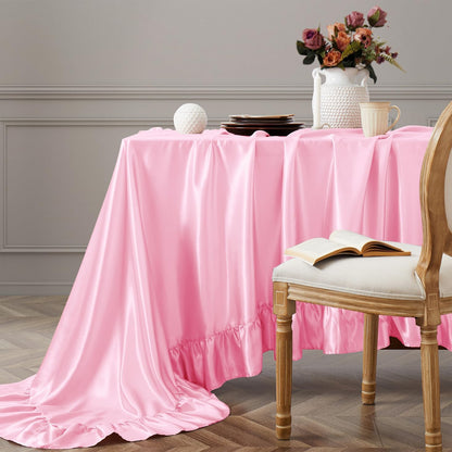 Vonty Pink Satin Ruffle Tablecloth, 60"x102", 5.9" Ruffle Trim