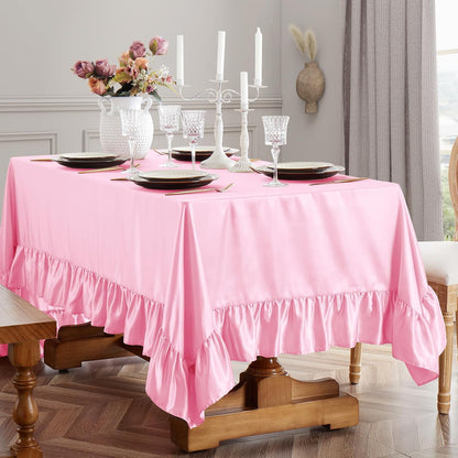 Vonty Pink Satin Ruffle Tablecloth, 60"x102", 5.9" Ruffle Trim