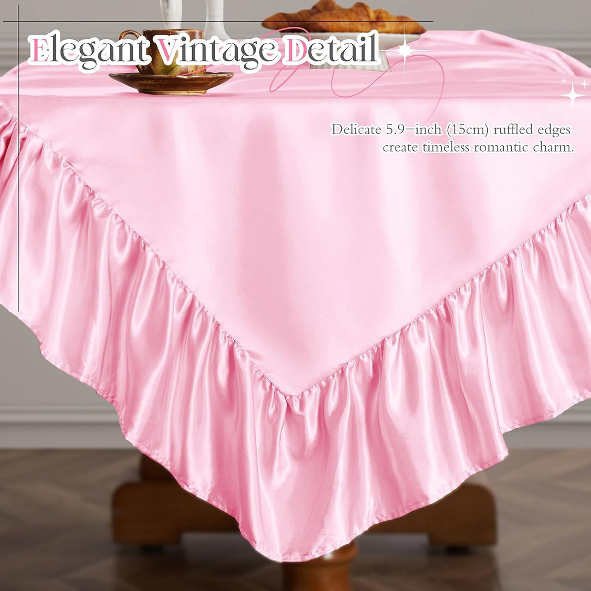 Vonty Pink Satin Ruffle Tablecloth, 60"x102", 5.9" Ruffle Trim