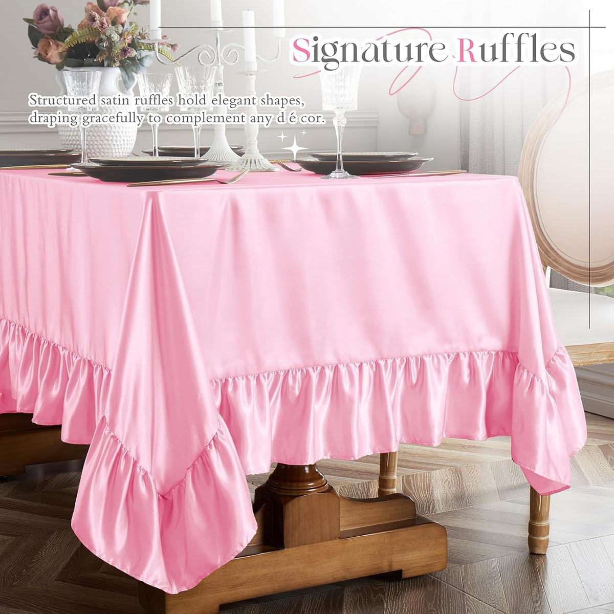 Vonty Pink Satin Ruffle Tablecloth, 60"x102", 5.9" Ruffle Trim