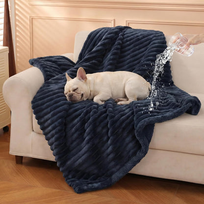PuTian Waterproof Dog Blanket for Large Dogs Reversible Rabbit Velvet & Sherpa Fleece Cat Blanket for Couch Sofa Bed, 30''X40'' Navy