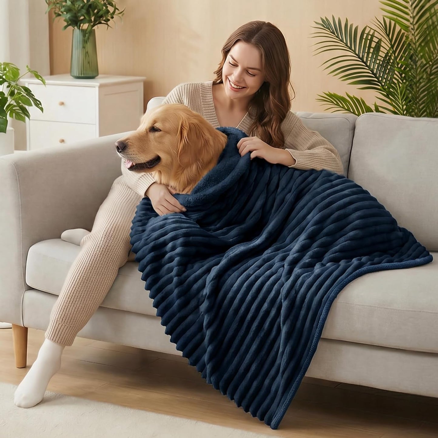 PuTian Waterproof Dog Blanket for Large Dogs Reversible Rabbit Velvet & Sherpa Fleece Cat Blanket for Couch Sofa Bed, 30''X40'' Navy