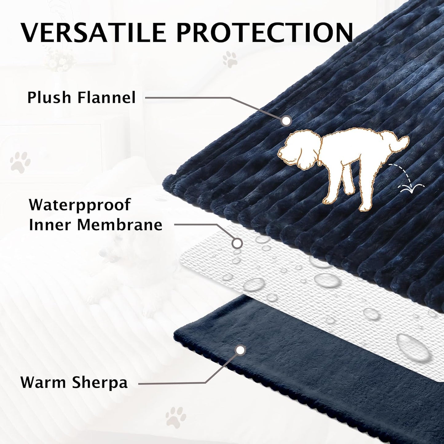 PuTian Waterproof Dog Blanket for Large Dogs Reversible Rabbit Velvet & Sherpa Fleece Cat Blanket for Couch Sofa Bed, 30''X40'' Navy