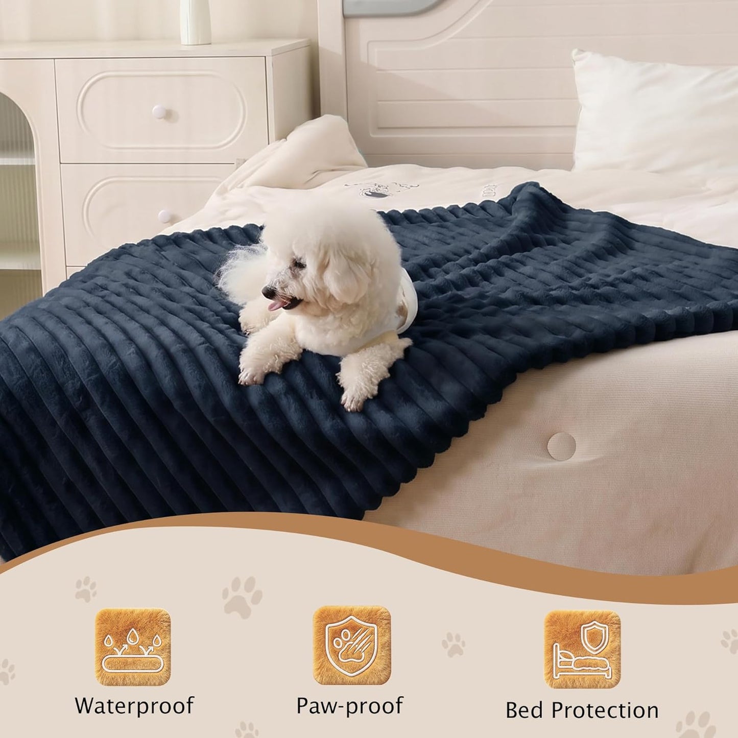 PuTian Waterproof Dog Blanket for Large Dogs Reversible Rabbit Velvet & Sherpa Fleece Cat Blanket for Couch Sofa Bed, 30''X40'' Navy