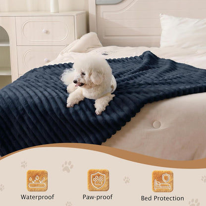 PuTian Waterproof Dog Blanket for Large Dogs Reversible Rabbit Velvet & Sherpa Fleece Cat Blanket for Couch Sofa Bed, 30''X40'' Navy
