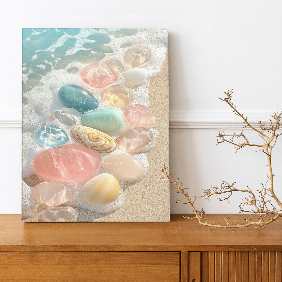 Pastel Sea Glass Canvas Wall Art, Ocean Peach Blue Green Decor, Coastal Home Aesthetic for Living Room, Bedroom, Beach House, Unframed 16x20 Inch