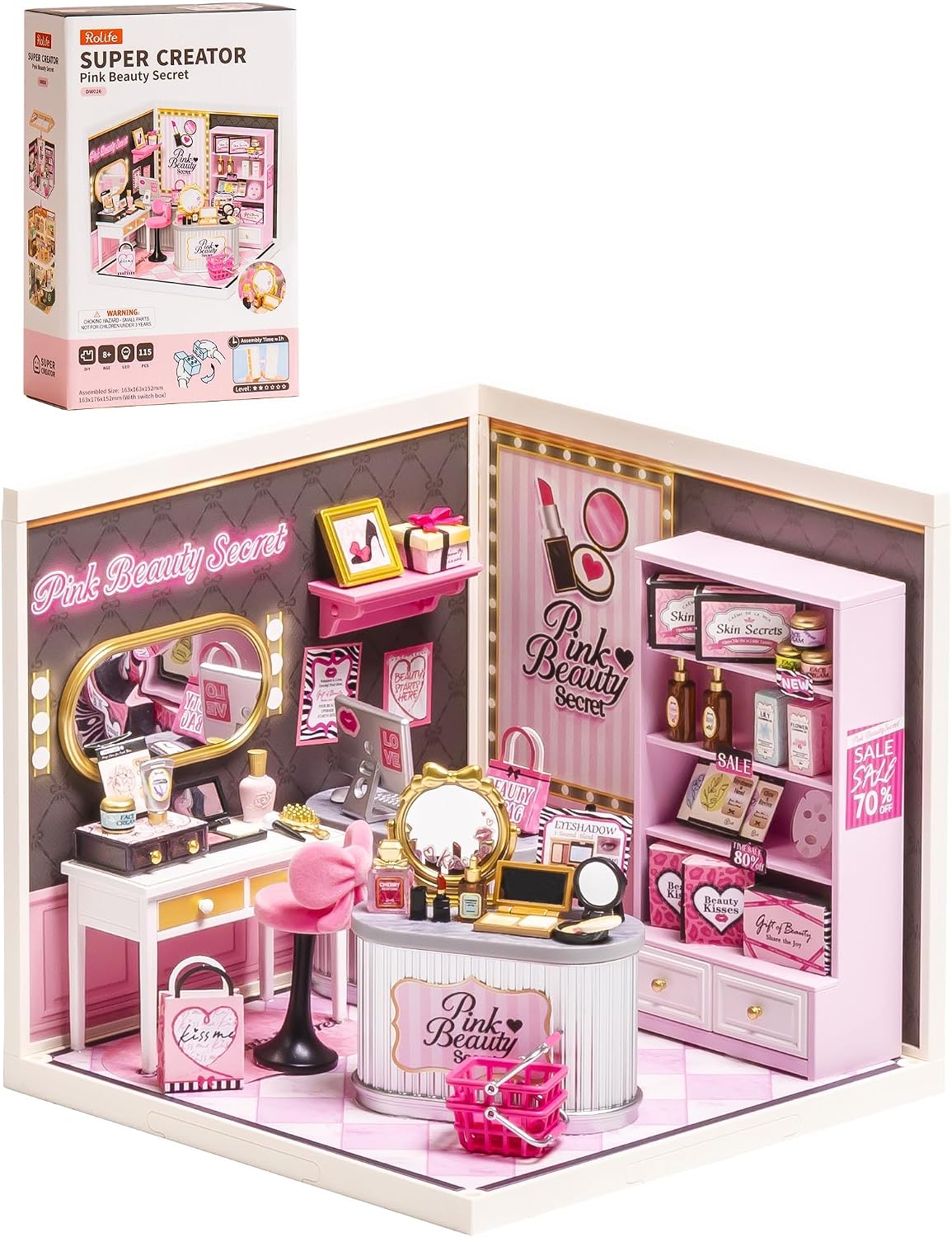Super Creator Pink Beauty Secret DIY Miniature House Kit - No Glue Plastic Click-Assembly Dollhouse with Type-C LED Light - Stackable Room Box Toy for Adults and Teens (115 PCS)