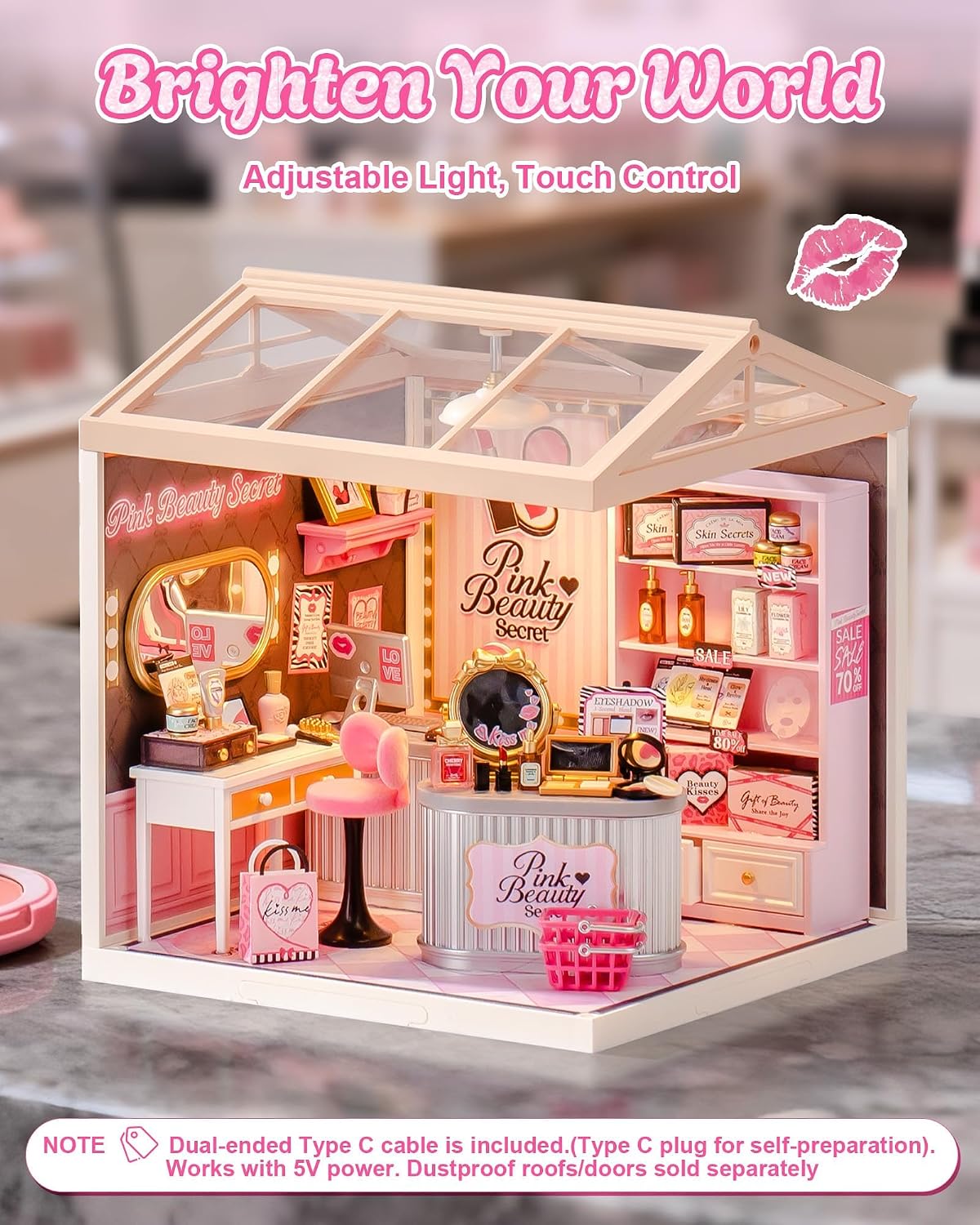 Super Creator Pink Beauty Secret DIY Miniature House Kit - No Glue Plastic Click-Assembly Dollhouse with Type-C LED Light - Stackable Room Box Toy for Adults and Teens (115 PCS)