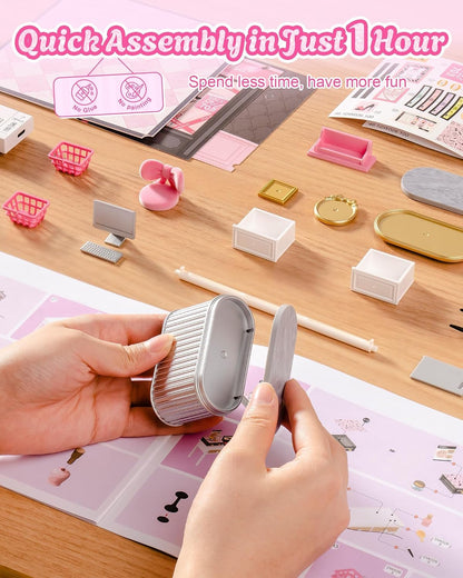 Super Creator Pink Beauty Secret DIY Miniature House Kit - No Glue Plastic Click-Assembly Dollhouse with Type-C LED Light - Stackable Room Box Toy for Adults and Teens (115 PCS)