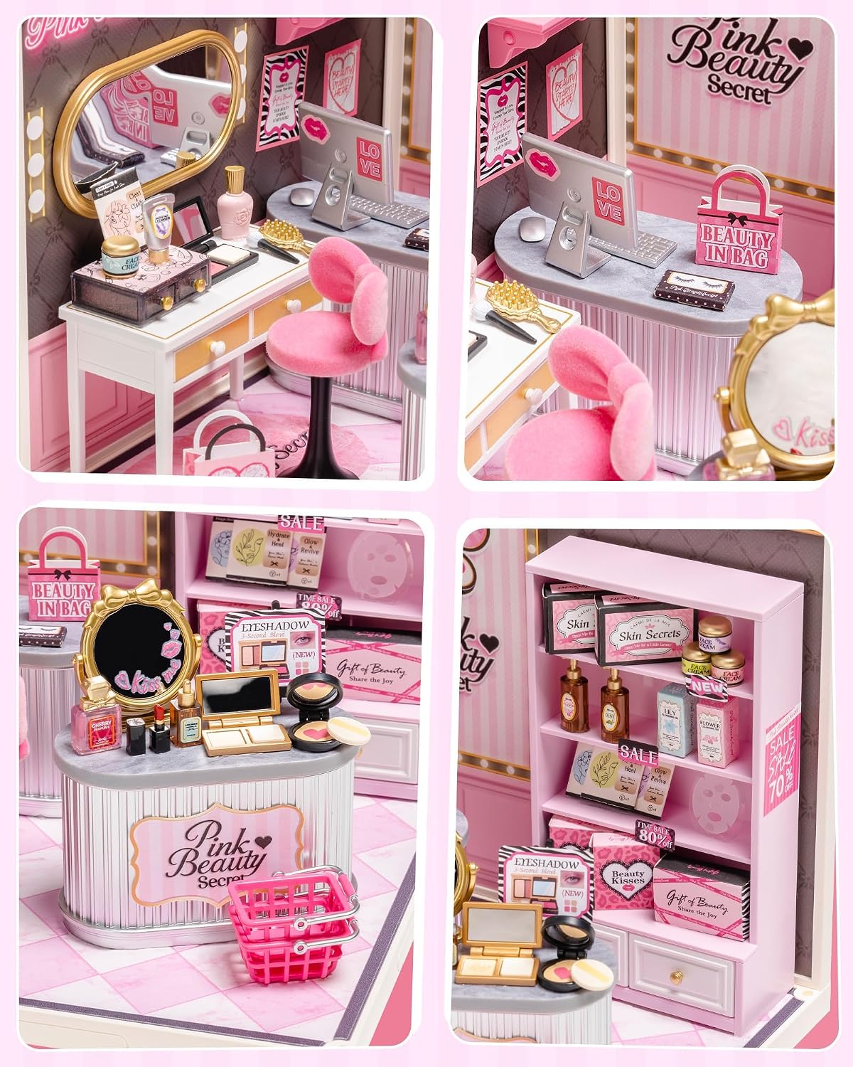 Super Creator Pink Beauty Secret DIY Miniature House Kit - No Glue Plastic Click-Assembly Dollhouse with Type-C LED Light - Stackable Room Box Toy for Adults and Teens (115 PCS)