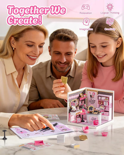 Super Creator Pink Beauty Secret DIY Miniature House Kit - No Glue Plastic Click-Assembly Dollhouse with Type-C LED Light - Stackable Room Box Toy for Adults and Teens (115 PCS)