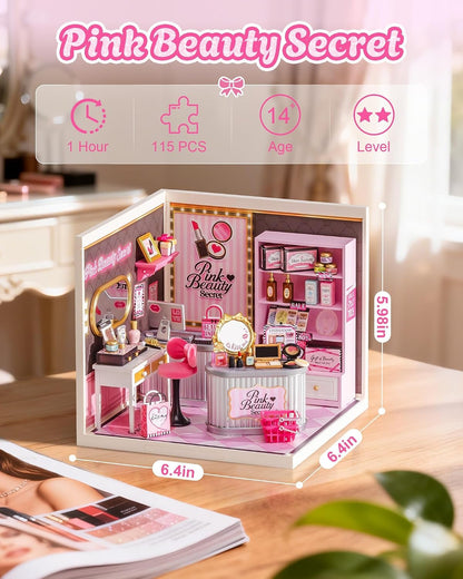 Super Creator Pink Beauty Secret DIY Miniature House Kit - No Glue Plastic Click-Assembly Dollhouse with Type-C LED Light - Stackable Room Box Toy for Adults and Teens (115 PCS)