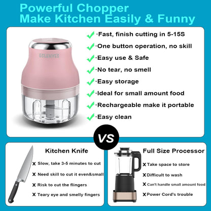 Vegetable Chopper, 100ML Electric Garlic Chopper, Rechargeable Mini Blender, Powerful Small Food Processor, Blender to Vegetable, Wireless Food Cutter for Ginger, Chili, Fruit, Meat, etc（Pink）