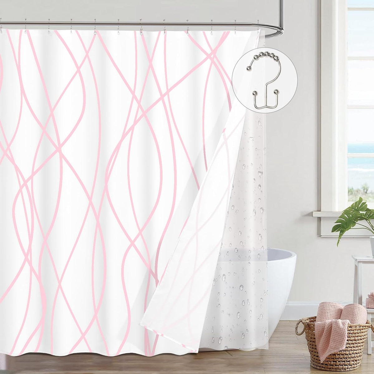 Shower Curtain with Liner, Pink Wave Stripe, 3 in 1 Shower Curtain with 12 Rust Proof Double Sided Metal Hooks, Double Layers Shower Curtains for Bathroom, W72 x H72