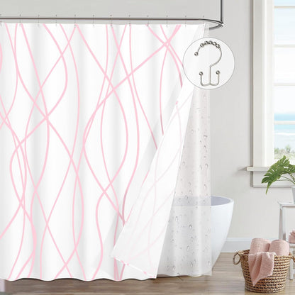 Shower Curtain with Liner, Pink Wave Stripe, 3 in 1 Shower Curtain with 12 Rust Proof Double Sided Metal Hooks, Double Layers Shower Curtains for Bathroom, W72 x H72