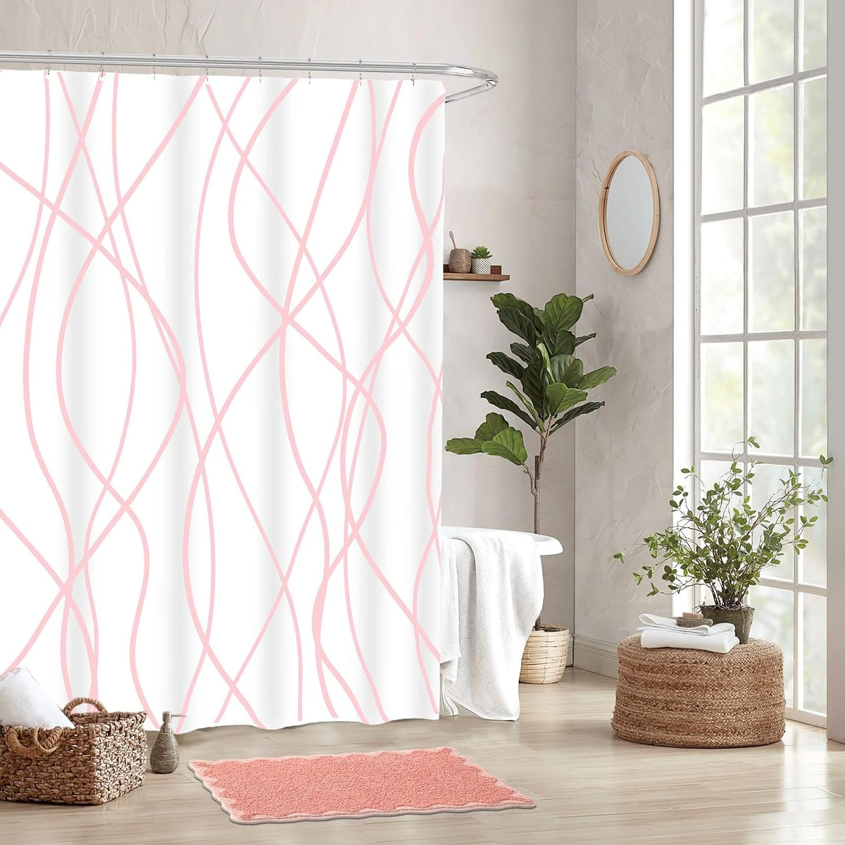 Shower Curtain with Liner, Pink Wave Stripe, 3 in 1 Shower Curtain with 12 Rust Proof Double Sided Metal Hooks, Double Layers Shower Curtains for Bathroom, W72 x H72