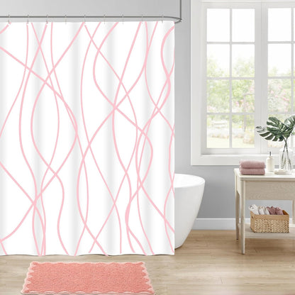 Shower Curtain with Liner, Pink Wave Stripe, 3 in 1 Shower Curtain with 12 Rust Proof Double Sided Metal Hooks, Double Layers Shower Curtains for Bathroom, W72 x H72