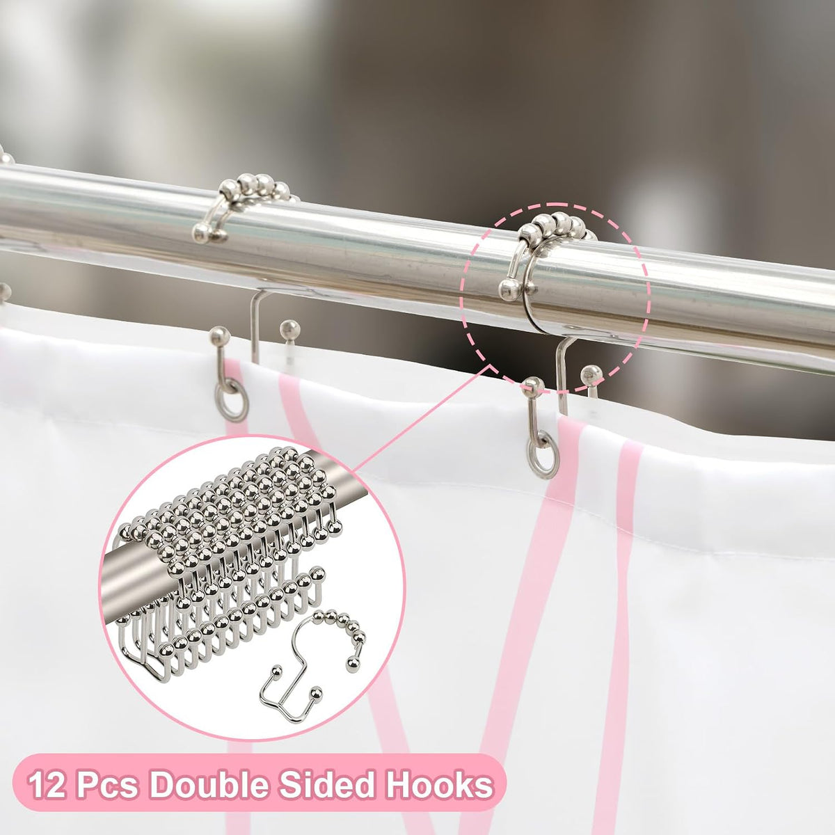 Shower Curtain with Liner, Pink Wave Stripe, 3 in 1 Shower Curtain with 12 Rust Proof Double Sided Metal Hooks, Double Layers Shower Curtains for Bathroom, W72 x H72