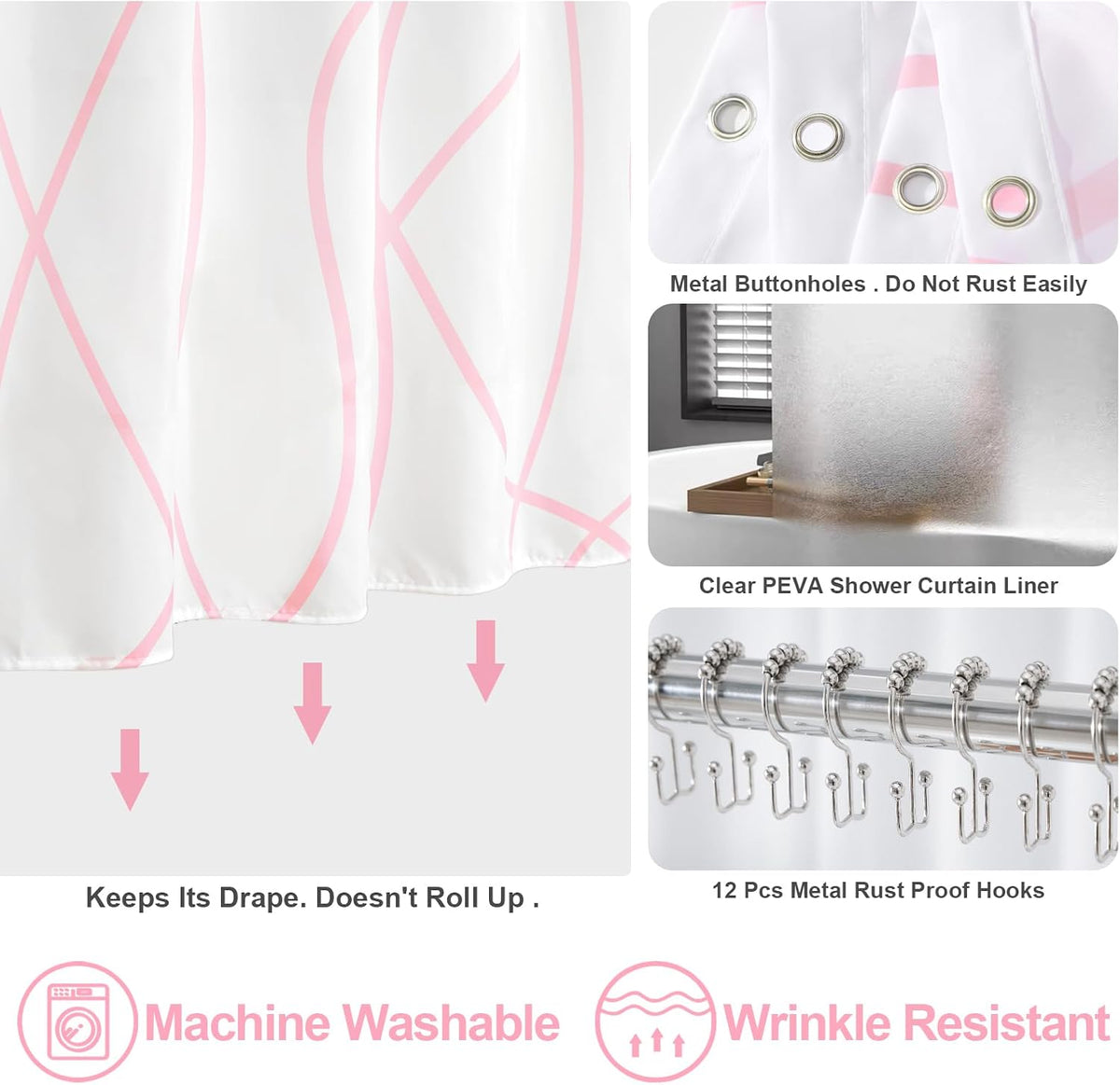 Shower Curtain with Liner, Pink Wave Stripe, 3 in 1 Shower Curtain with 12 Rust Proof Double Sided Metal Hooks, Double Layers Shower Curtains for Bathroom, W72 x H72