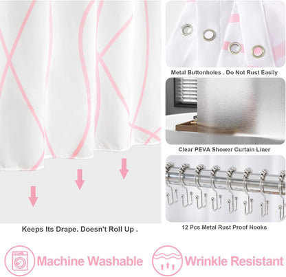 Shower Curtain with Liner, Pink Wave Stripe, 3 in 1 Shower Curtain with 12 Rust Proof Double Sided Metal Hooks, Double Layers Shower Curtains for Bathroom, W72 x H72