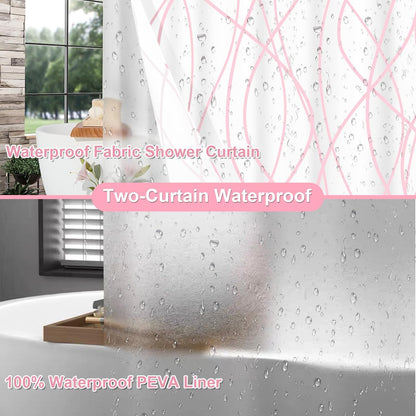 Shower Curtain with Liner, Pink Wave Stripe, 3 in 1 Shower Curtain with 12 Rust Proof Double Sided Metal Hooks, Double Layers Shower Curtains for Bathroom, W72 x H72