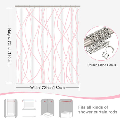 Shower Curtain with Liner, Pink Wave Stripe, 3 in 1 Shower Curtain with 12 Rust Proof Double Sided Metal Hooks, Double Layers Shower Curtains for Bathroom, W72 x H72