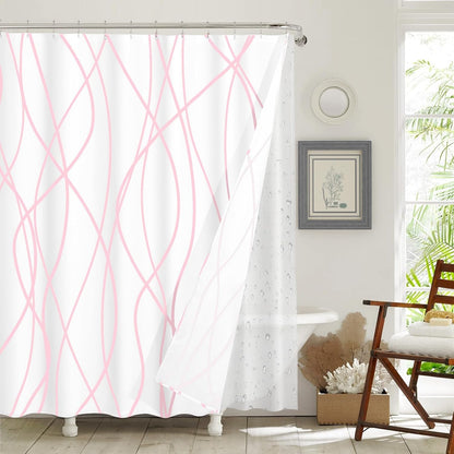 Shower Curtain with Liner, Pink Wave Stripe, 3 in 1 Shower Curtain with 12 Rust Proof Double Sided Metal Hooks, Double Layers Shower Curtains for Bathroom, W72 x H72