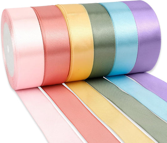 Ribbon 6 Rolls 150 Yards 1 Inch Ribbons for Gift Wrapping Pastel Color Ribbons Pink Blue Green Purple Gold Satin for Flower Bouquet for Crafts Bow Invitation Card Party Wedding Decor Birthday Favor