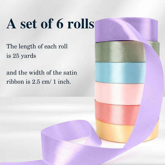 Ribbon 6 Rolls 150 Yards 1 Inch Ribbons for Gift Wrapping Pastel Color Ribbons Pink Blue Green Purple Gold Satin for Flower Bouquet for Crafts Bow Invitation Card Party Wedding Decor Birthday Favor