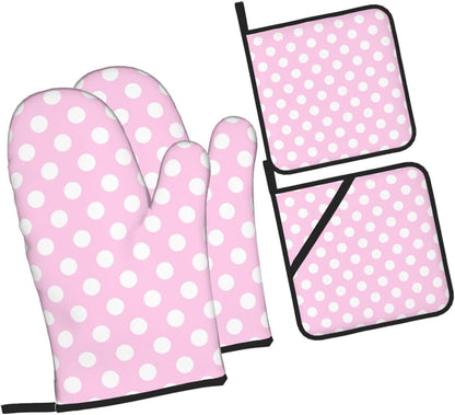 Light Pink Polka Dot Print B Oven Mitts and Pot Holders 4Pcs Set, Heat Resistant Silicone Oven Mitts Pot Holders for Kitchen Cooking Baking, Non-Slip Hot Pads Potholders Gloves