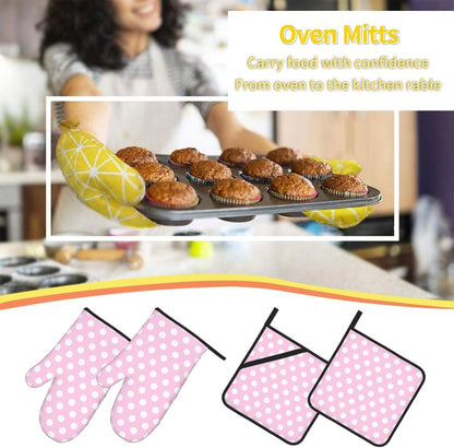 Light Pink Polka Dot Print B Oven Mitts and Pot Holders 4Pcs Set, Heat Resistant Silicone Oven Mitts Pot Holders for Kitchen Cooking Baking, Non-Slip Hot Pads Potholders Gloves