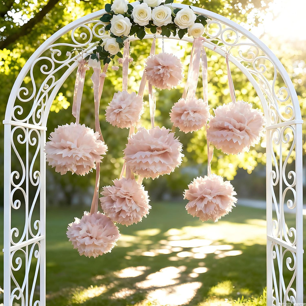 Pink Tissue Paper Pompoms Decorations 9 Pack, 10 12 14 Inch Large Hanging Paper Pompoms with Satin Ribbon for Pink Party Decor, Ceiling Arch Party Decor for Wedding Baby Shower Birthday