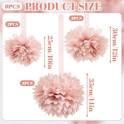 Pink Tissue Paper Pompoms Decorations 9 Pack, 10 12 14 Inch Large Hanging Paper Pompoms with Satin Ribbon for Pink Party Decor, Ceiling Arch Party Decor for Wedding Baby Shower Birthday