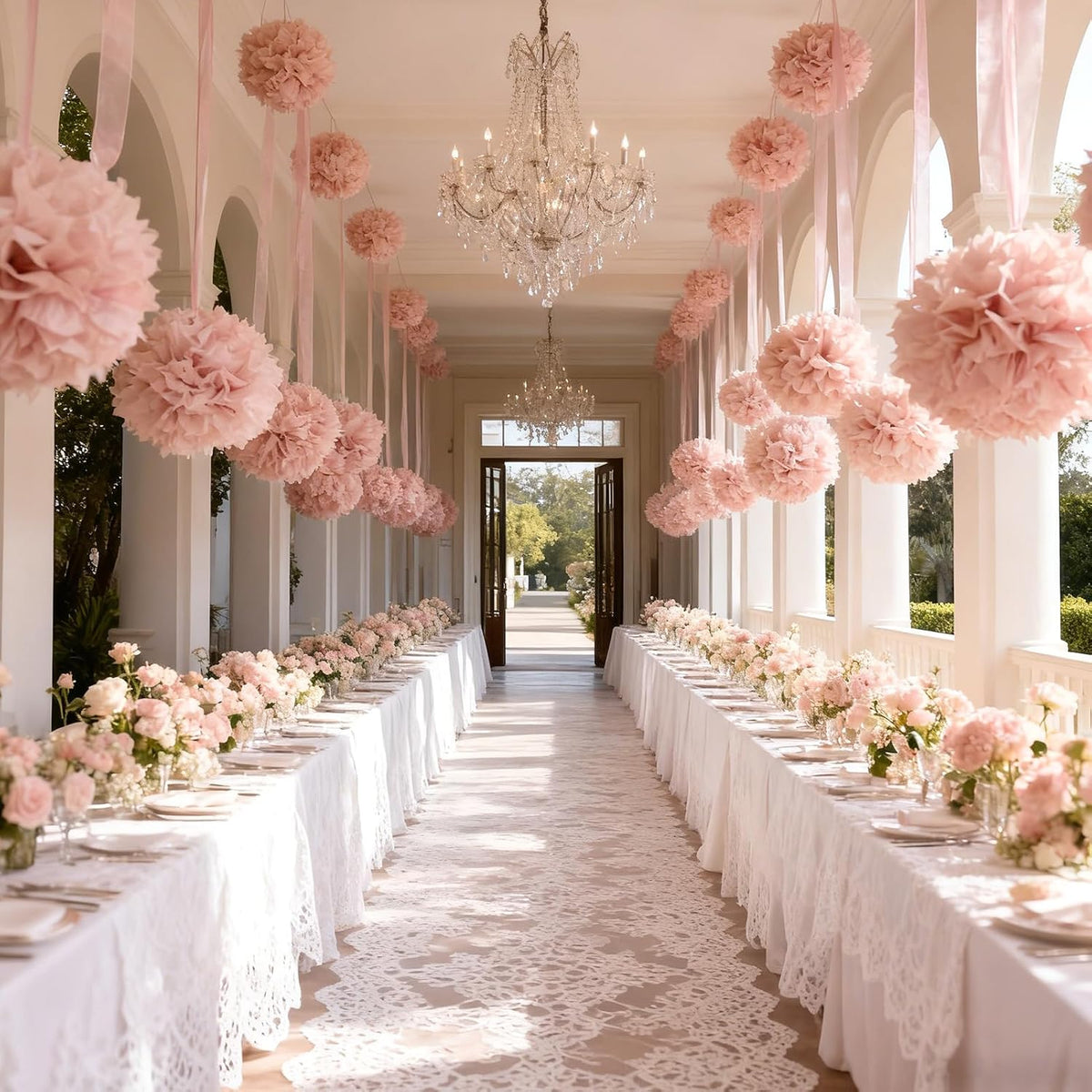 Pink Tissue Paper Pompoms Decorations 9 Pack, 10 12 14 Inch Large Hanging Paper Pompoms with Satin Ribbon for Pink Party Decor, Ceiling Arch Party Decor for Wedding Baby Shower Birthday