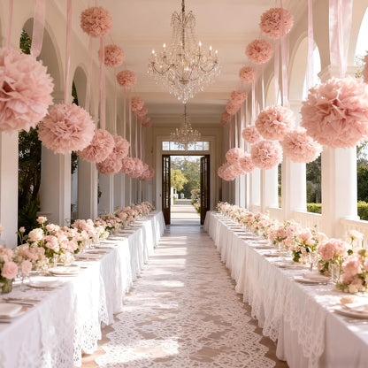 Pink Tissue Paper Pompoms Decorations 9 Pack, 10 12 14 Inch Large Hanging Paper Pompoms with Satin Ribbon for Pink Party Decor, Ceiling Arch Party Decor for Wedding Baby Shower Birthday